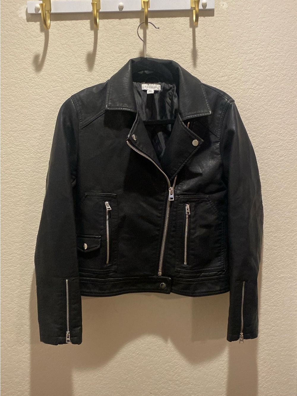 New! Topshop Black Leather Moto Jacket with Silver Hardware size 6